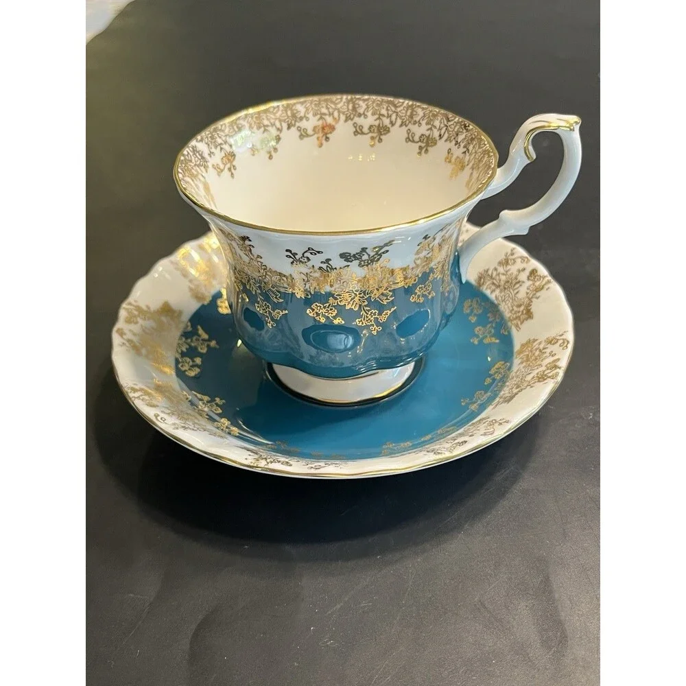 Royal Albert Regal Series Teal Blue w Gold Accents Tea Cup & Saucer Set England